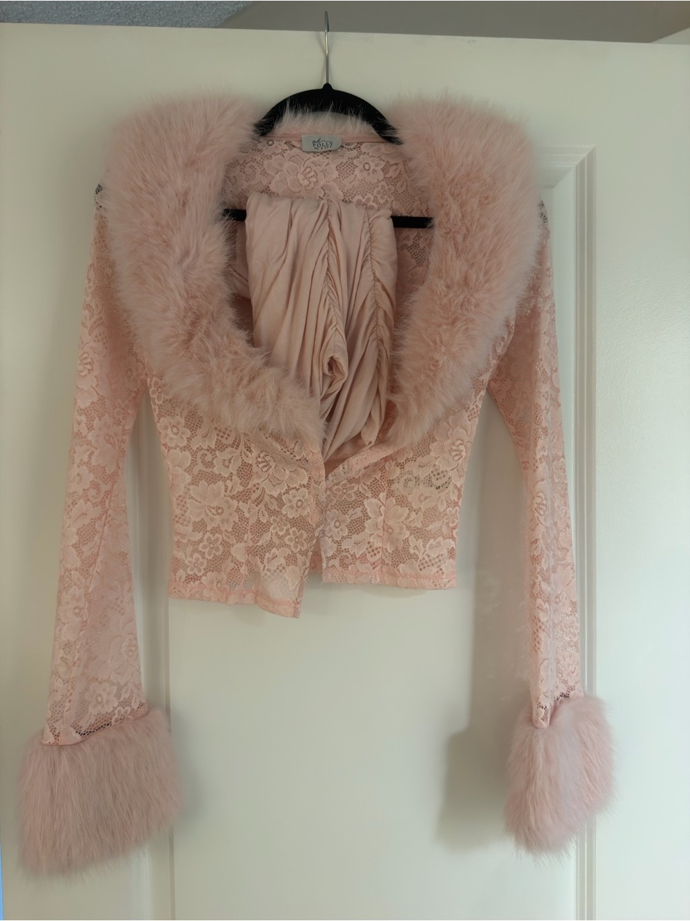 Oh Polly Blush Pink Lace Jacket with Faux Fur Trim and matching skirt